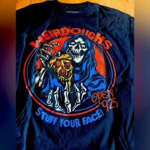 Bold Black, Orange, Blue T shirt w Skeleton Weirdoughs Stuff Your Face-Men M